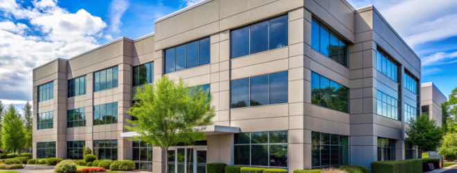Modern three-story office building with large glass windows, surrounded by trees and shrubs under a partly cloudy sky.