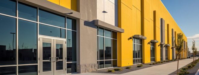 Exterior view of a modern commercial or industrial building with large windows and a bright yellow and gray facade, featuring a sidewalk and minimal landscaping.