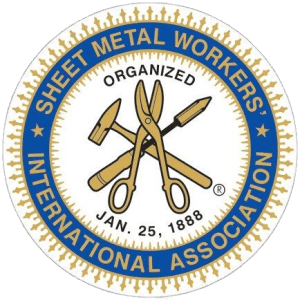 Circular logo of the Sheet Metal Workers International Association with tools in the center and the date Jan. 25, 1888, surrounded by a blue and gold border.