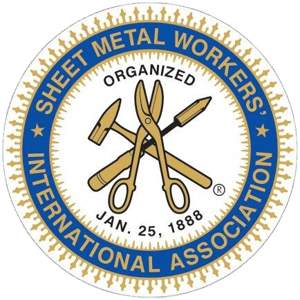 Seal of the Sheet Metal Workers International Association featuring tools and the date “Jan. 25, 1888” with a blue and gold circular border.